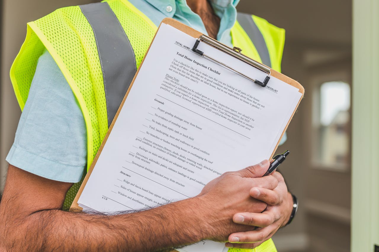Services Close-up of home inspector holding a checklist on a clipboard with a pen.